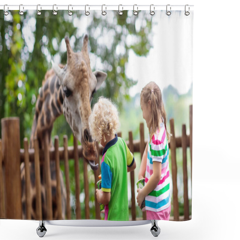 Personality  Family Feeding Giraffe In Zoo. Children Feed Giraffes In Tropical Safari Park During Summer Vacation In Singapore. Kids Watch Animals. Little Girl And Boy Giving Fruit To Wild Animal. Shower Curtains