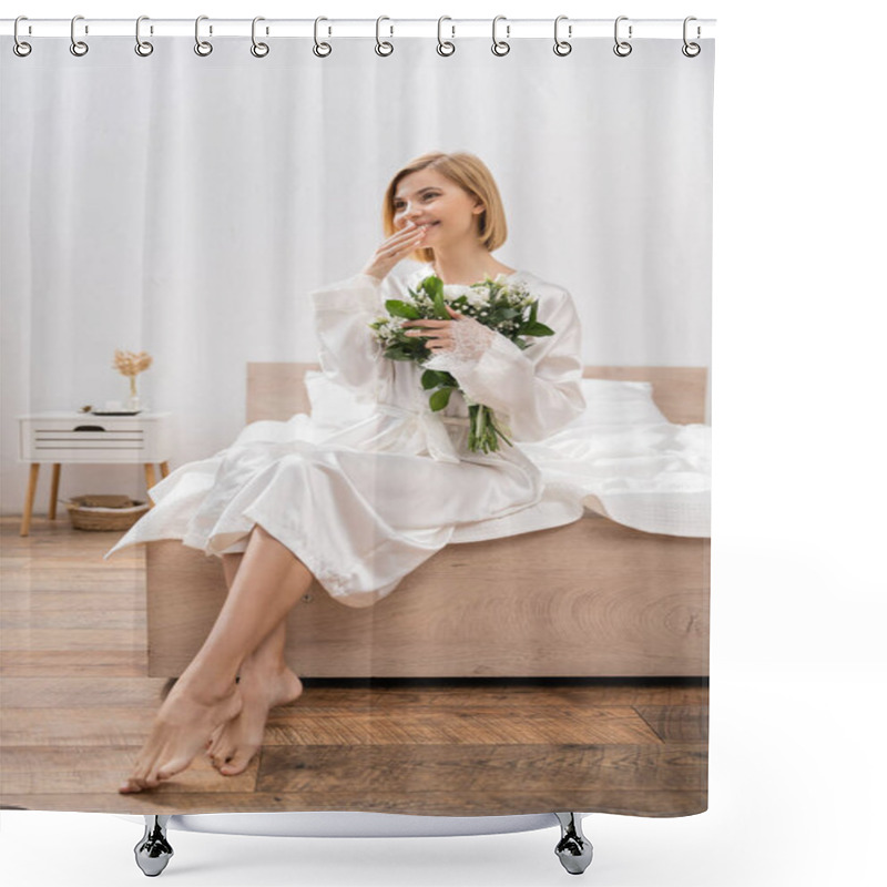 Personality  White Flowers, Happiness, Cheerful Bride With Blonde Hair Sitting On Bed And Holding Bridal Bouquet, Young Woman In White Robe, Beautiful, Excitement, Feminine, Wedding Preparation, Hand Near Lips Shower Curtains