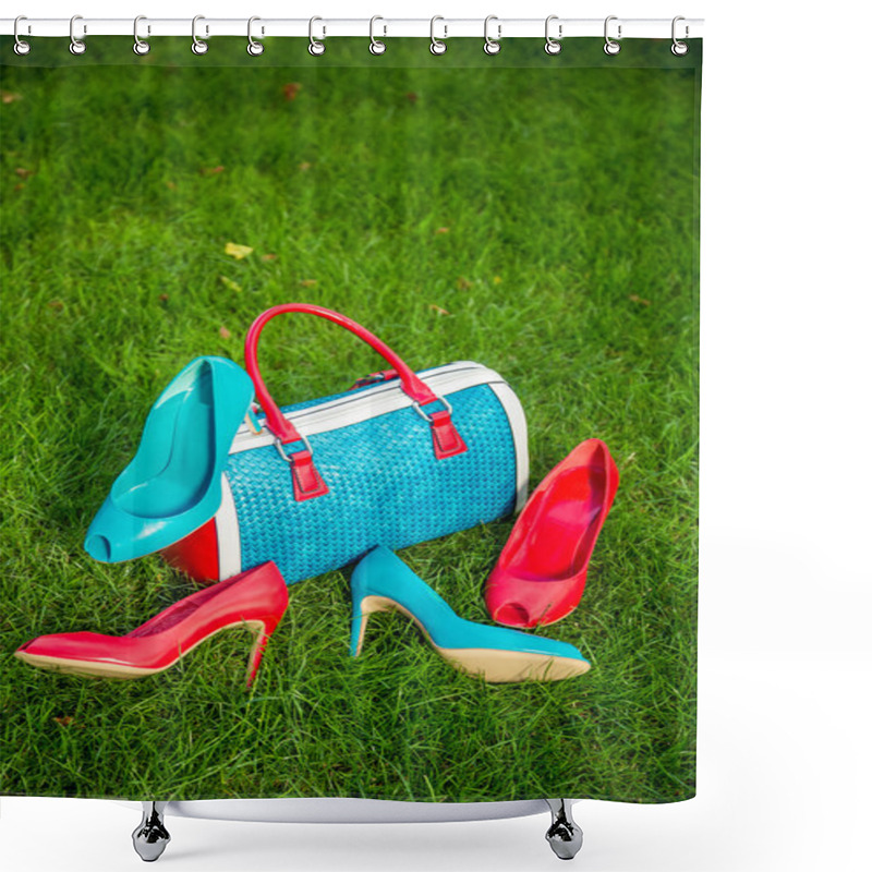 Personality  Two Pairs Of Green And Red Shoes And Bag Lay On The Grass Shower Curtains