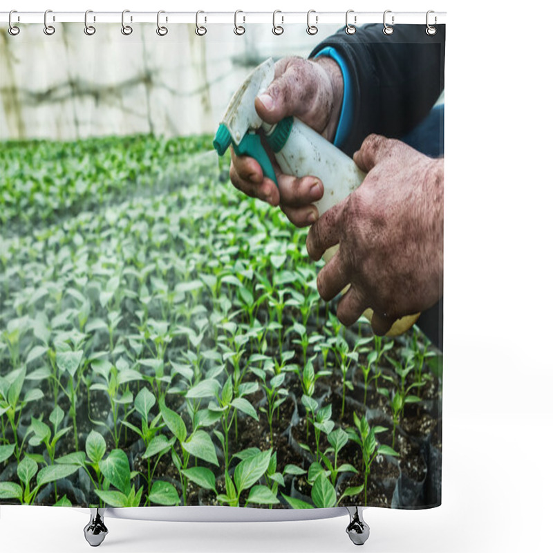 Personality  Close Up In The Hands Of A Man While Spraying The Small Plants I Shower Curtains