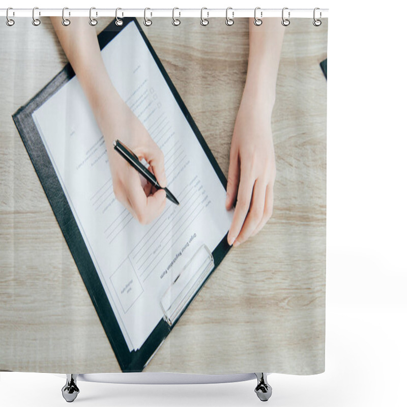 Personality  Cropped View Of Donor Signing Registration Form On Wooden Surface Shower Curtains