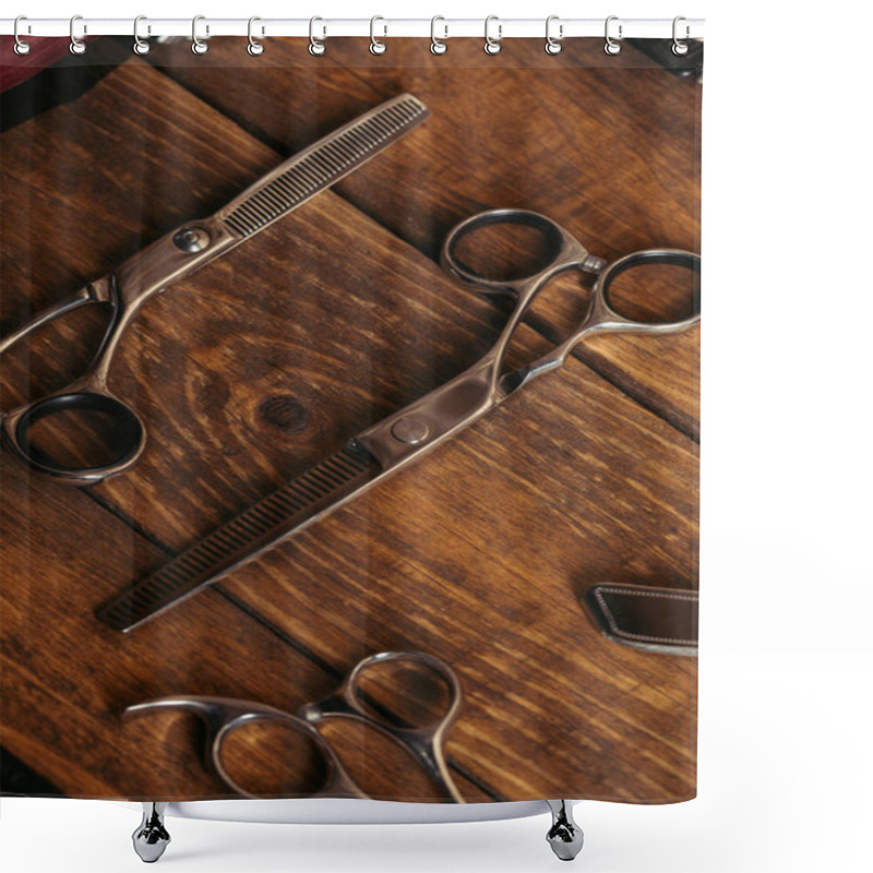 Personality  High Angle View Of Professional Scissors On Wooden Surface In Barbershop  Shower Curtains