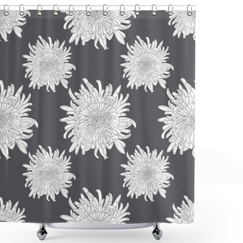 Personality  Seamless Chrysanthemum Floral Pattern In Monochrome Style, Featuring Detailed Hand-drawn Flowers On A Dark Background. Ideal For Fabric, Wallpaper, Packaging, Stationery, Textiles. Shower Curtains