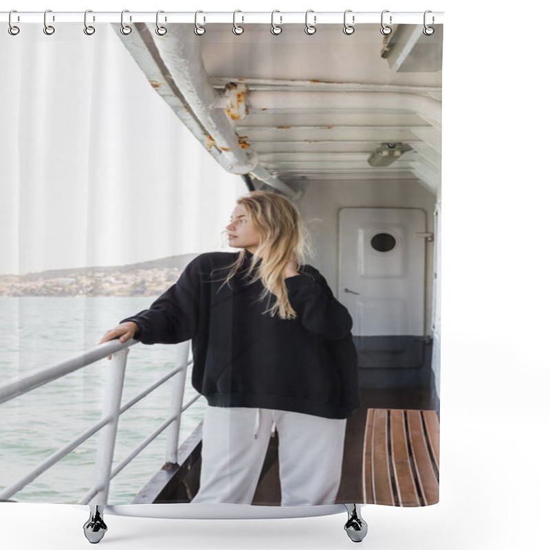 Personality  Blonde Woman In Black Sweater Looking At Sea From Ferry Boat Crossing Bosporus In Istanbul  Shower Curtains