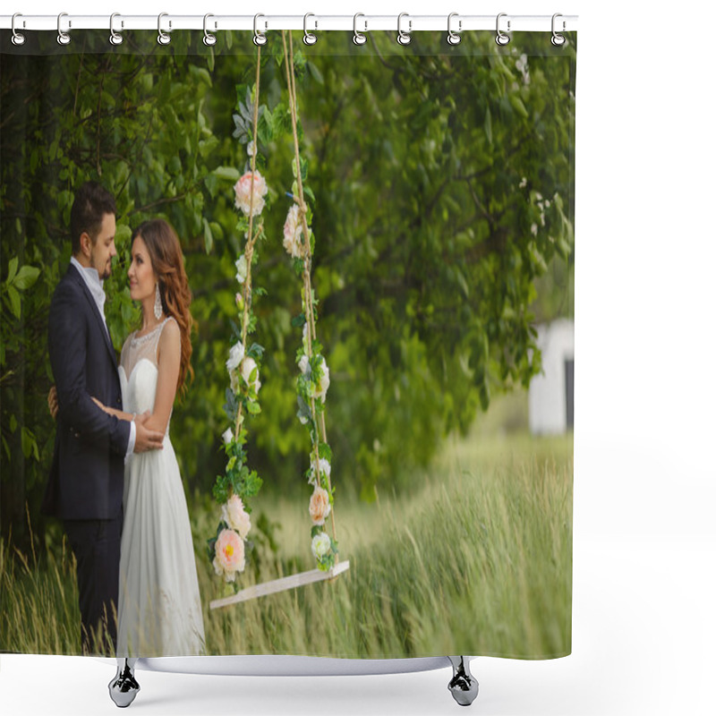 Personality  Beautiful Bride With Fiance Is Swinging On A Swing Shower Curtains