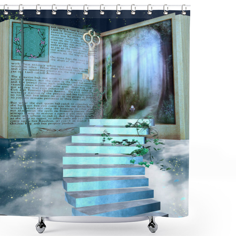 Personality  Fantasy Scene Of A Fairytale Book With A Ladder Among Clouds And Stars. Shower Curtains