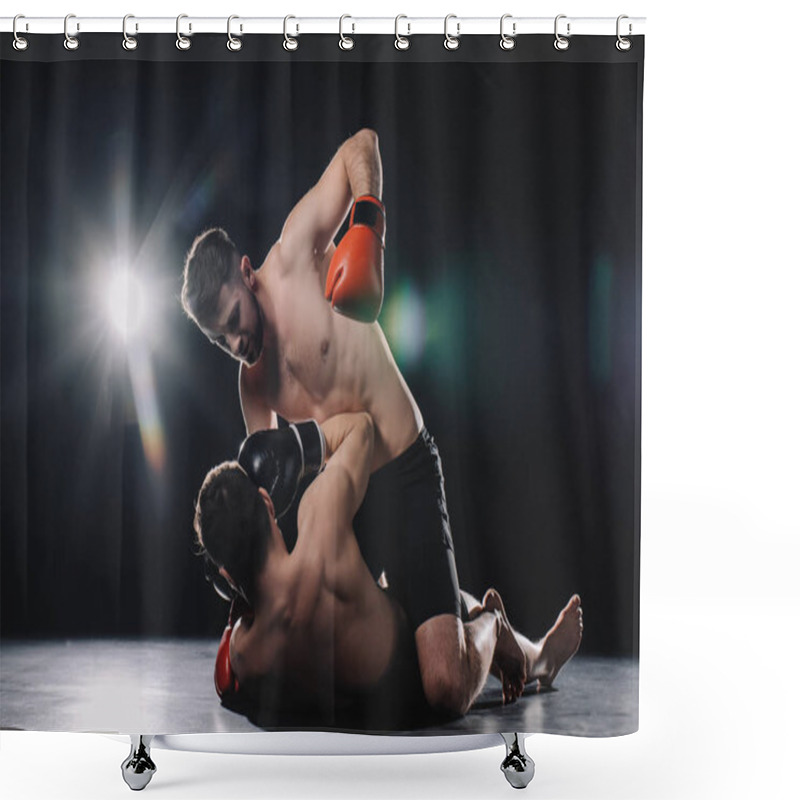 Personality  Shirtless Strong Mma Fighter In Boxing Gloves Punching Opponent In Head While Sportsman Lying On Floor Shower Curtains