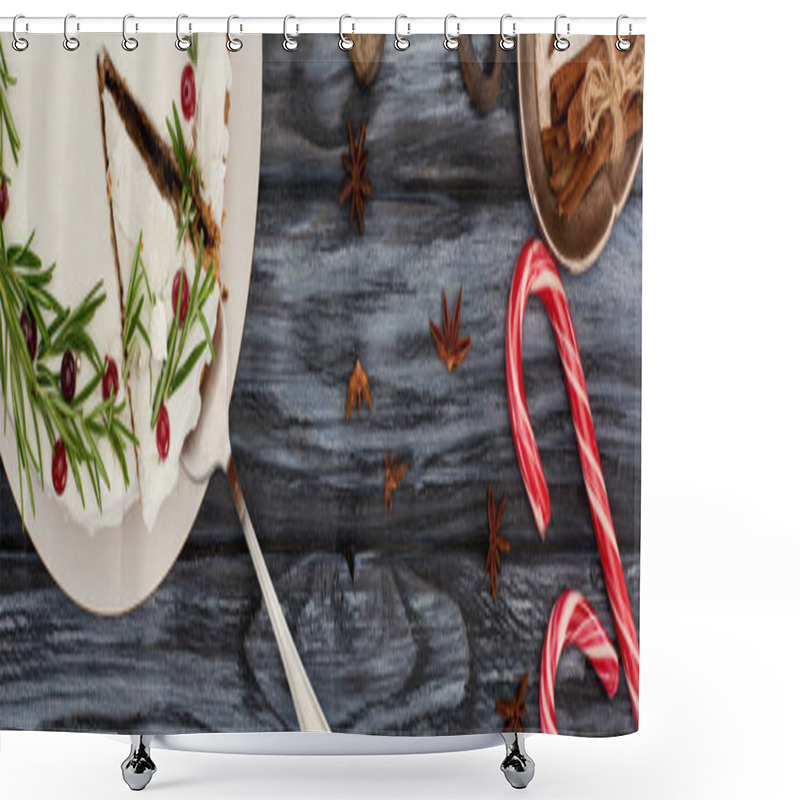 Personality  Top View Of Christmas Pie With Rosemary And Cranberries On Dark Wooden Table With Candy Canes And Staranise Shower Curtains