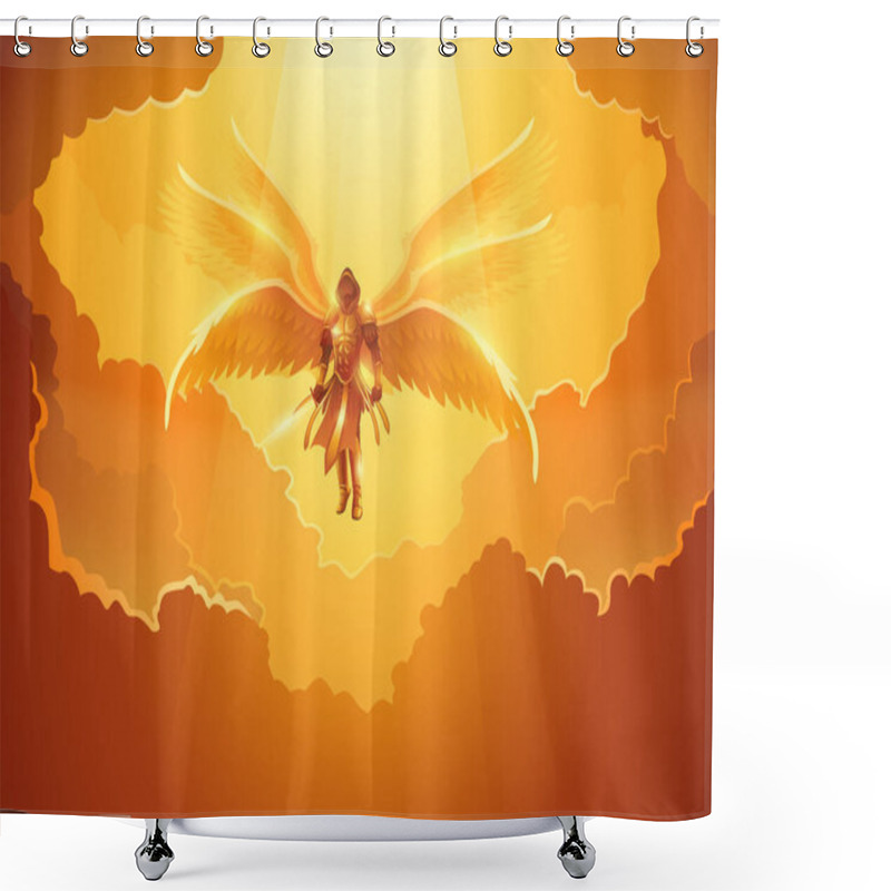 Personality  Fantasy Art Illustration Of The Archangel With Six Wings Holding A Sword In The Open Sky Shower Curtains