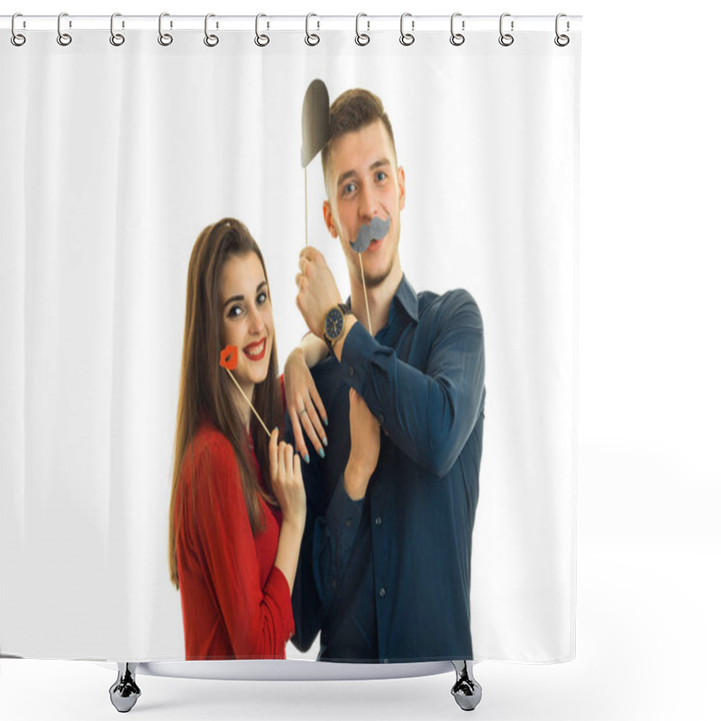 Personality  Young Smiling Guy With Girl, Hold Near Face Paper Props In The Form Of Lips, Moustache And Hats For A Photo Shower Curtains