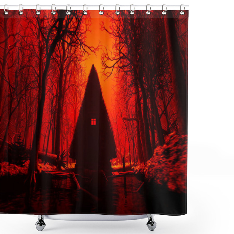 Personality  An Ominous, Red-lit Forest Engulfs A Solitary Cabin; Its Window A Beacon In The Night. Dense Trees Cast Foreboding Shadows, Setting A Scene Of Suspense And Eeriness. Shower Curtains