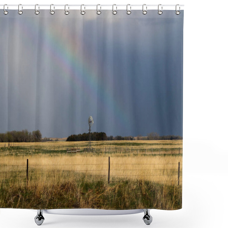 Personality  Nature Rainbow Over Pretty Green Nebraska Landscape With Windmill Shower Curtains