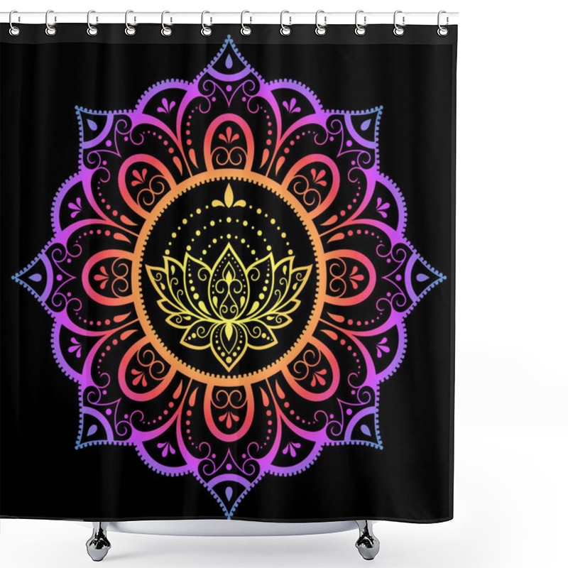 Personality  Circular Pattern In Form Of Mandala With Lotus Flower For Henna, Mehndi, Tattoo, Decoration. Decorative Ornament In Ethnic Oriental Style. Rainbow Pattern On Black Background. Shower Curtains