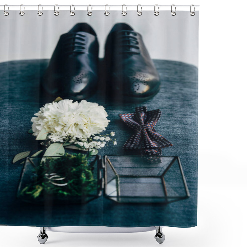 Personality  Close Up View Of Arrangement Of Grooms Shoes, Bow Tie, Corsage And Wedding Rings For Rustic Wedding On Blue Background Shower Curtains