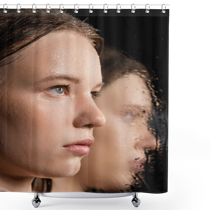 Personality  Close Up View Of Fair Haired Woman With Wet Skin Looking Away Near Blurred Mirror On Black  Shower Curtains