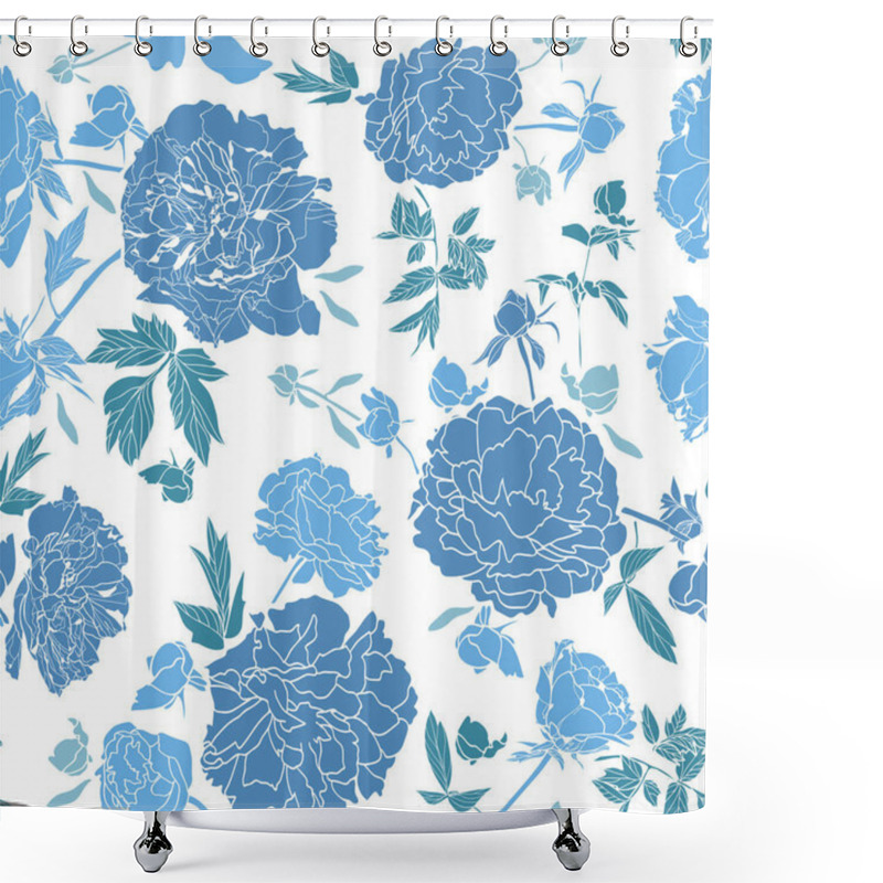 Personality  White Pattern With Blue Peony Florals. Shower Curtains