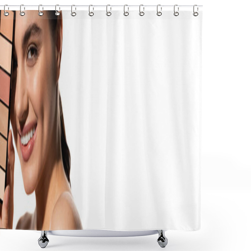 Personality  Positive Young Woman Covering Eye With Eye Shadow Palette Isolated On White, Banner  Shower Curtains