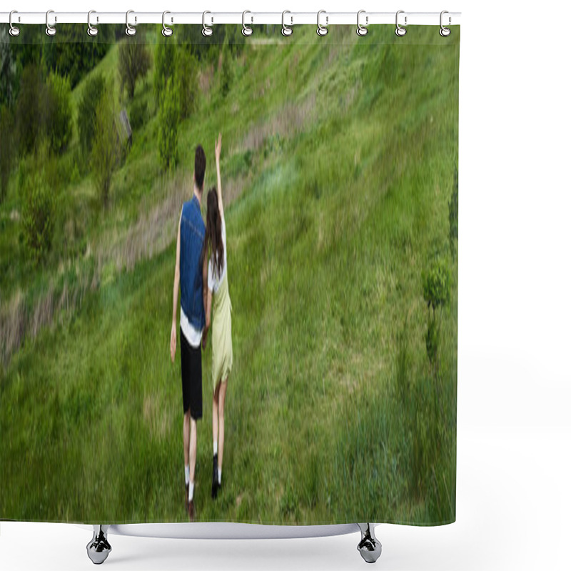 Personality  Back View Of Trendy Romantic Couple In Summer Outfits Holding Hands And Standing On Grassy Hill With Landscape At Background, Couple In Love Enjoying Nature, Banner, Tranquility Shower Curtains