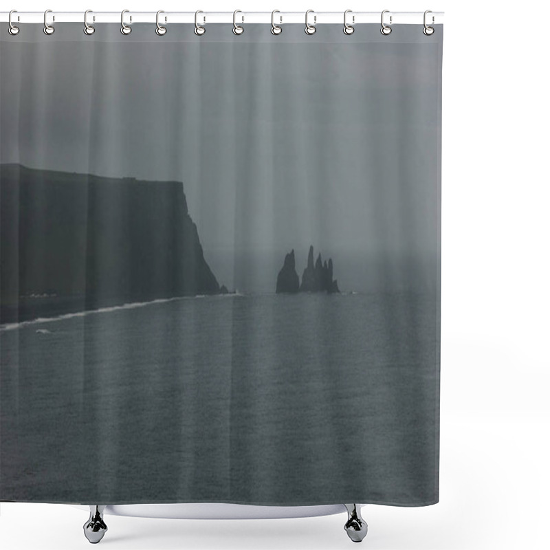 Personality  Rocky Cliff And Ocean Under Cloudy Sky At Dyrholaey Promontory In Vik, Iceland Shower Curtains