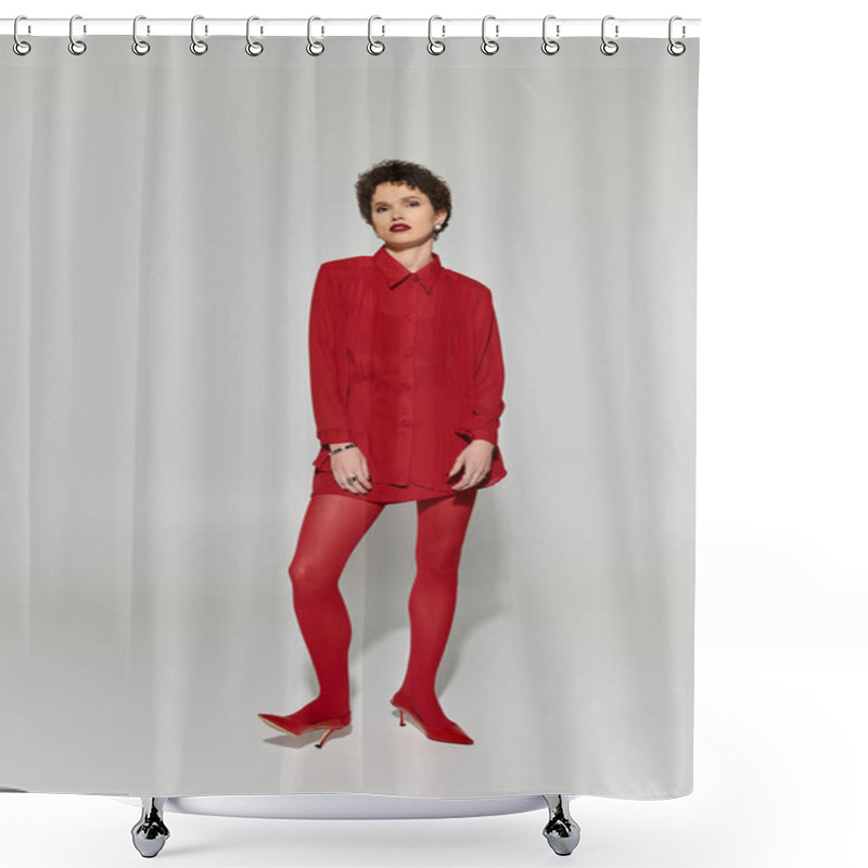 Personality  Stylish Young Woman In Bold Red Attire Stands Confidently, Exuding Elegance And Charm. Shower Curtains