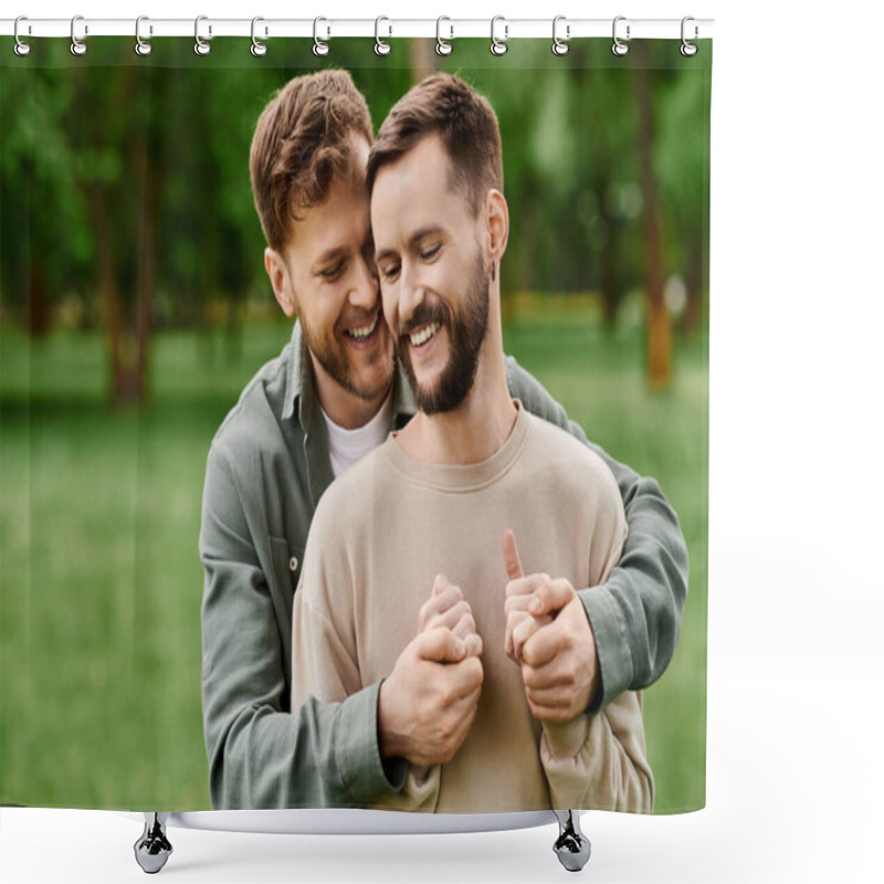 Personality  Two Bearded Men, A Gay Couple, Hold Hands And Laugh In A Lush Green Park. Shower Curtains