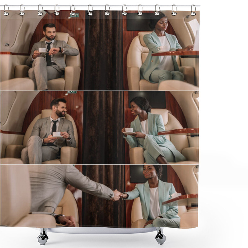 Personality  Collage Of Two Multicultural Businesspeople Traveling In Plane, Drinking Coffee And Shaking Hands Shower Curtains