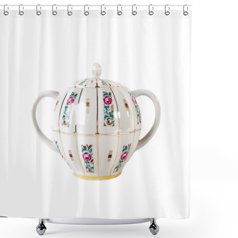 Personality  Porcelain Sugar Bowl With Ornament Of Roses And Gold In Retro Style Isolated On White Shower Curtains