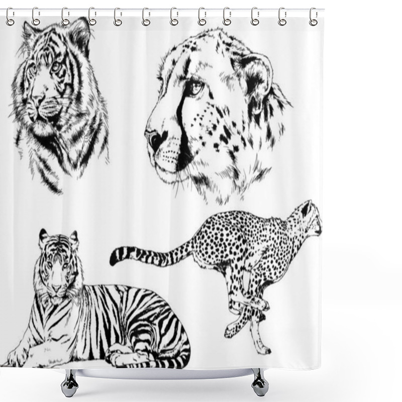 Personality  Set Of Vector Drawings On The Theme Of Predators Tigers Are Drawn By Hand With Ink Tattoo Logos Shower Curtains