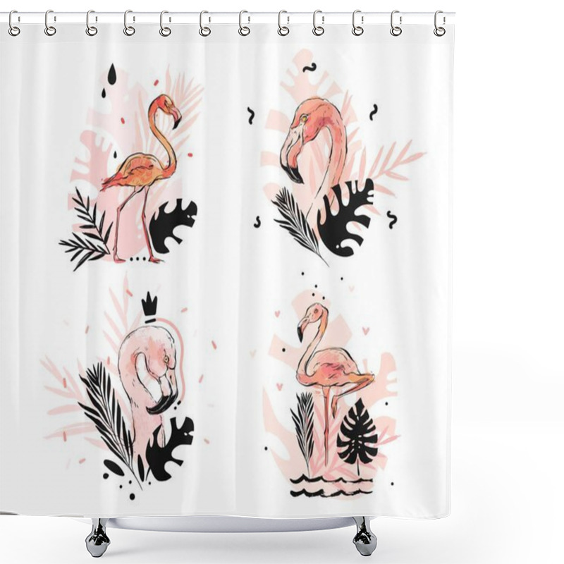 Personality  Hand Drawn Vector Abstract Graphic Freehand Textured Sketch Pink Flamingo And Tropical Palm Leaves Drawing Illustration Collection Set With Modern Decoration Elements Isolated On White Background Shower Curtains