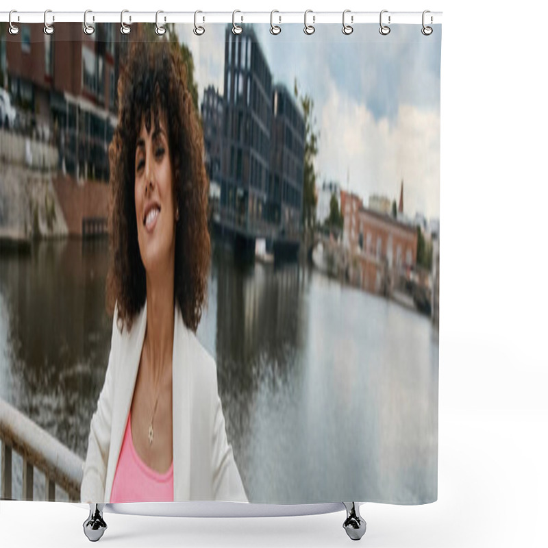 Personality  A Beautiful Woman In A Stylish White Blazer And Pink Top Enjoys A Sunny Day On Her European Trip, Standing Near A Canal. Shower Curtains