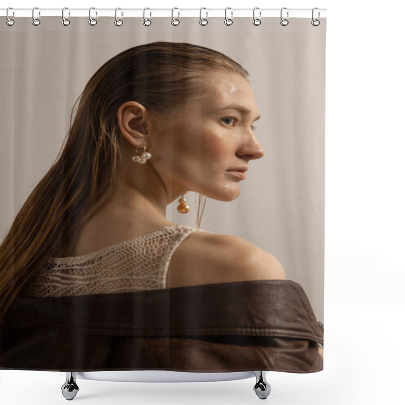 Personality  Fashion Portraits Of A Stylish And Tall Model With Makeup And Hair Shower Curtains