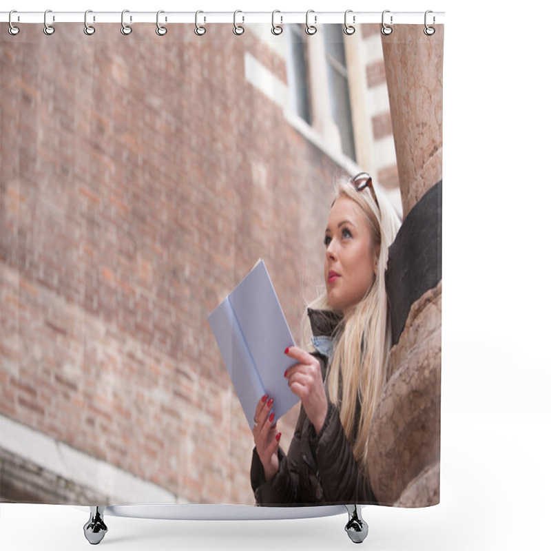 Personality  Blonde Young Woman Reading A Book Outdoors Shower Curtains