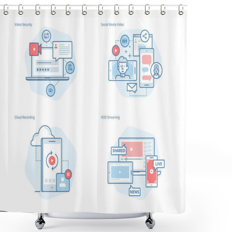 Personality  Set Of Concept Line Icons For Social Media Video, Cloud Recording, VOD Streaming, Video Security, Online Video Streaming Shower Curtains