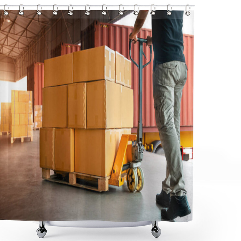 Personality  Workers Unloading Packaging Boxes On Pallets In Warehouse. Cartons Cardboard Boxes. Shipping Warehouse. Delivery. Shipment Goods. Supply Chain. Supplies Distribution Warehouse Logistics Shower Curtains