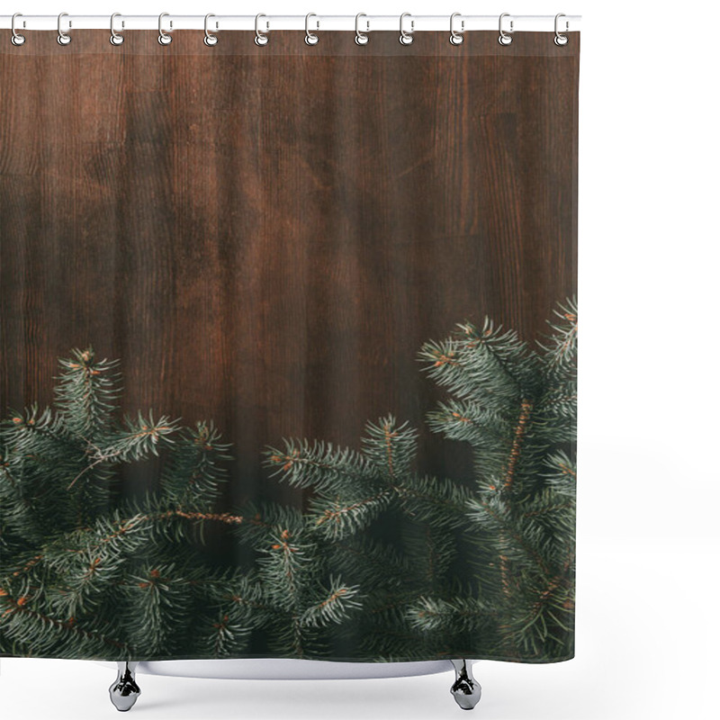 Personality  Green Fir Branches On Brown Wooden Background Shower Curtains