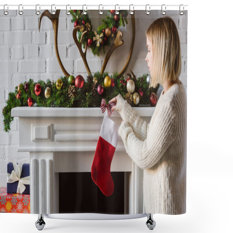 Personality  Young Woman In Sweater Decorating Fireplace With Bow  Shower Curtains