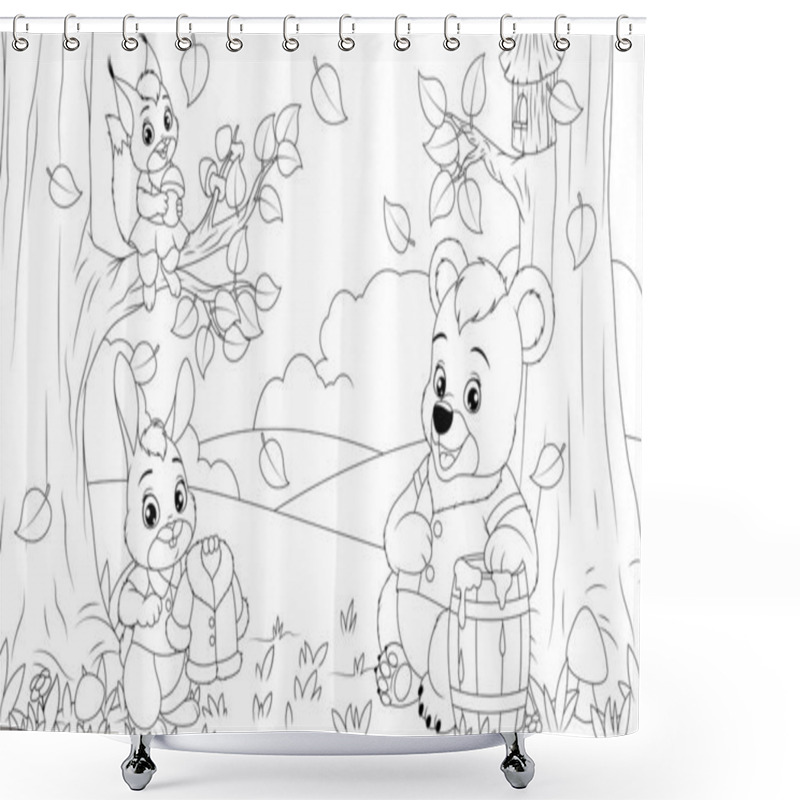 Personality  Vector Illustration, Funny Cute Animals In The Forest Shower Curtains