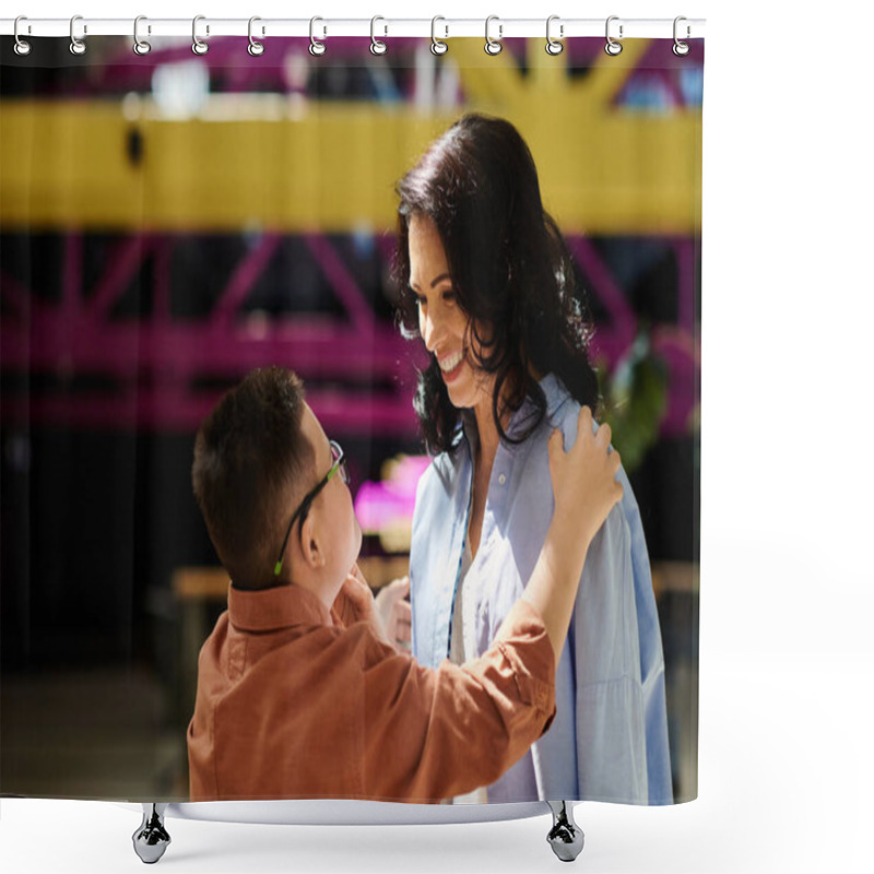 Personality  A Mother And Her Son With Down Syndrome Share A Loving Moment While Walking Through A Shopping Mall. Shower Curtains