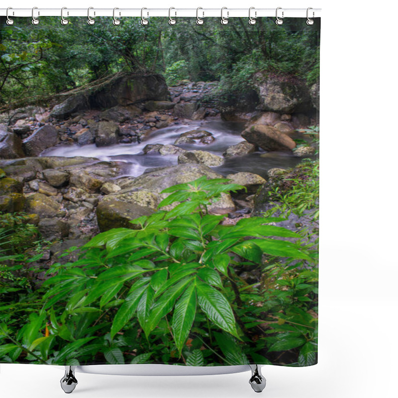 Personality  The Beautiful Scenic Waterfall In Front Of Famous Double Decker Root Bridge In Meghalaya Shower Curtains