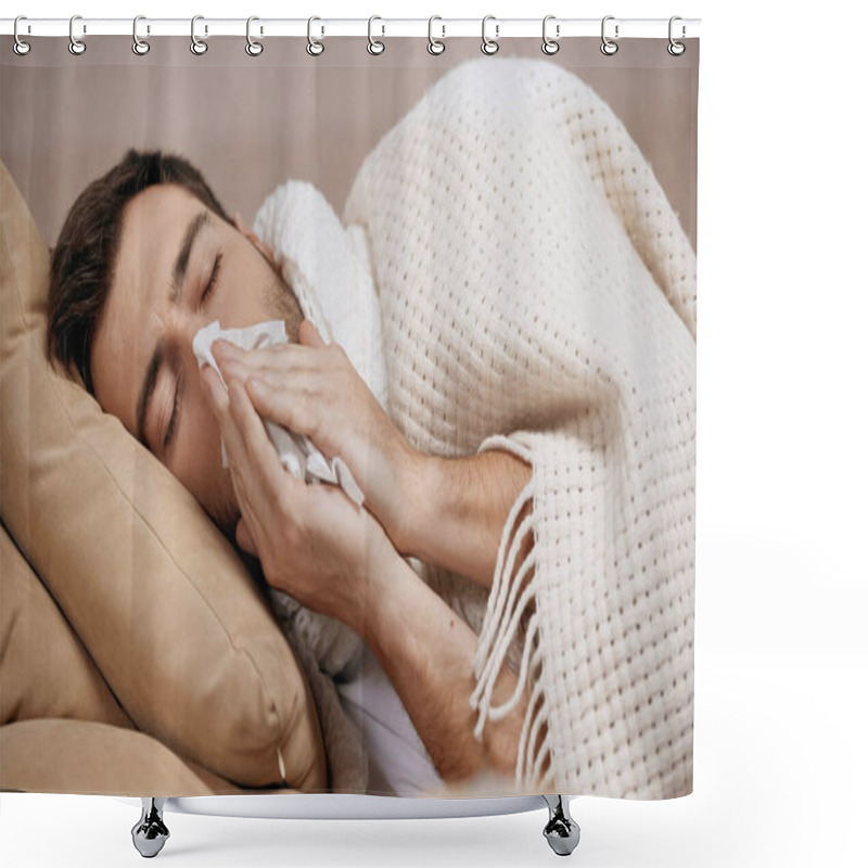 Personality  Sick Man Lying Under Blanket On Sofa And Sneezing In Tissue  Shower Curtains