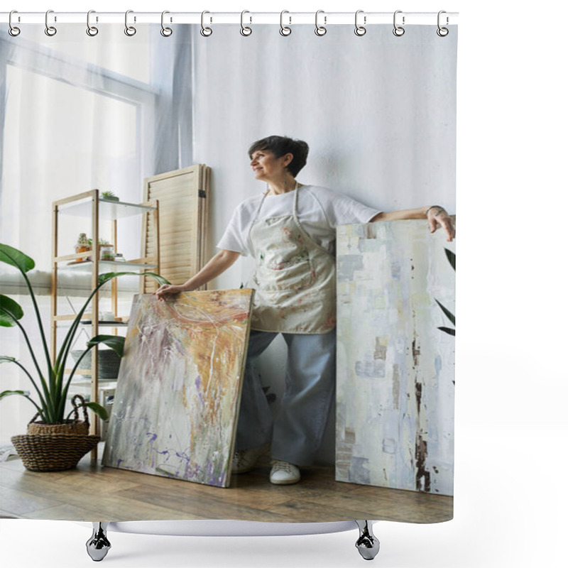 Personality  A Mature Woman Joyfully Explores Her Passion For Painting In A Bright Studio. Shower Curtains