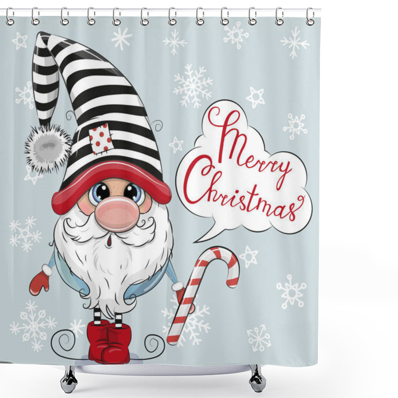 Personality  Greeting Christmas Card Cute Cartoon Gnome On A Blue Background Shower Curtains