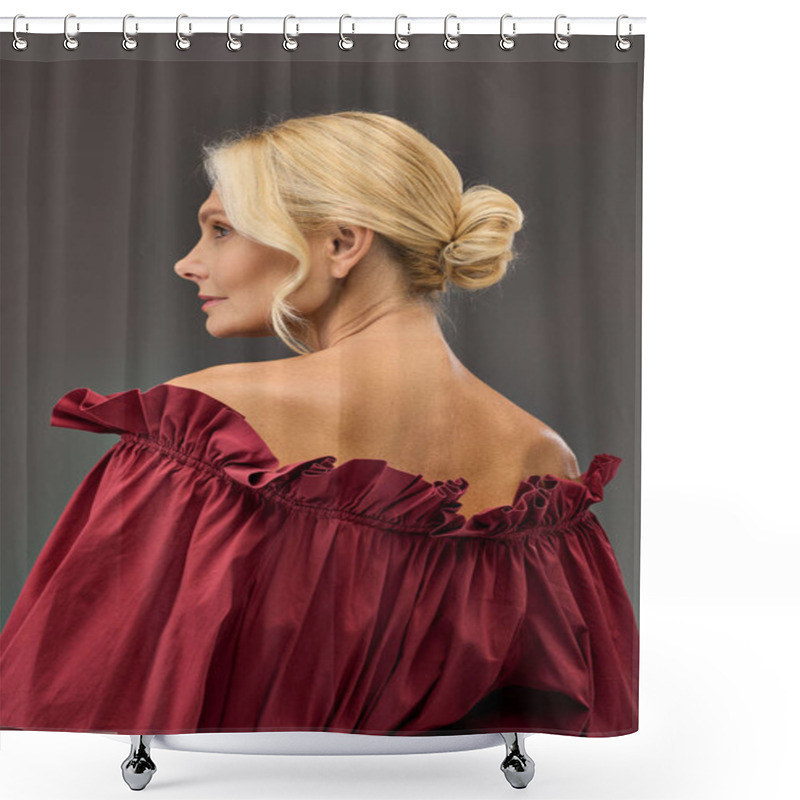 Personality  Mature Woman In Red Blouse And High Ponytail. Shower Curtains