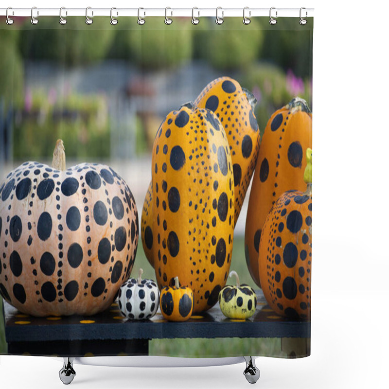 Personality  A Collection Of Vibrant Pumpkins Creatively Painted With Polka Dots Displayed Outdoors. Perfect For Fall Decorations, Art Projects, Or Halloween Festivities Shower Curtains