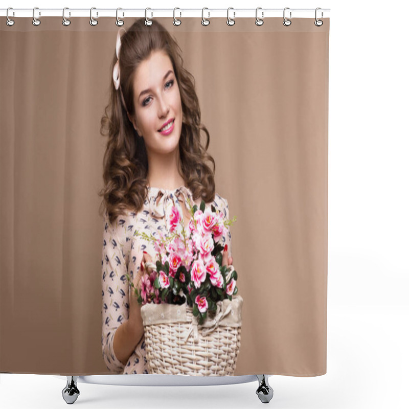 Personality  Fresh Young Girl, Light Silk Dress, Smile, Retro Curls Pin-up Style With Basket Of Flowers. Beauty Face , Body. Shower Curtains