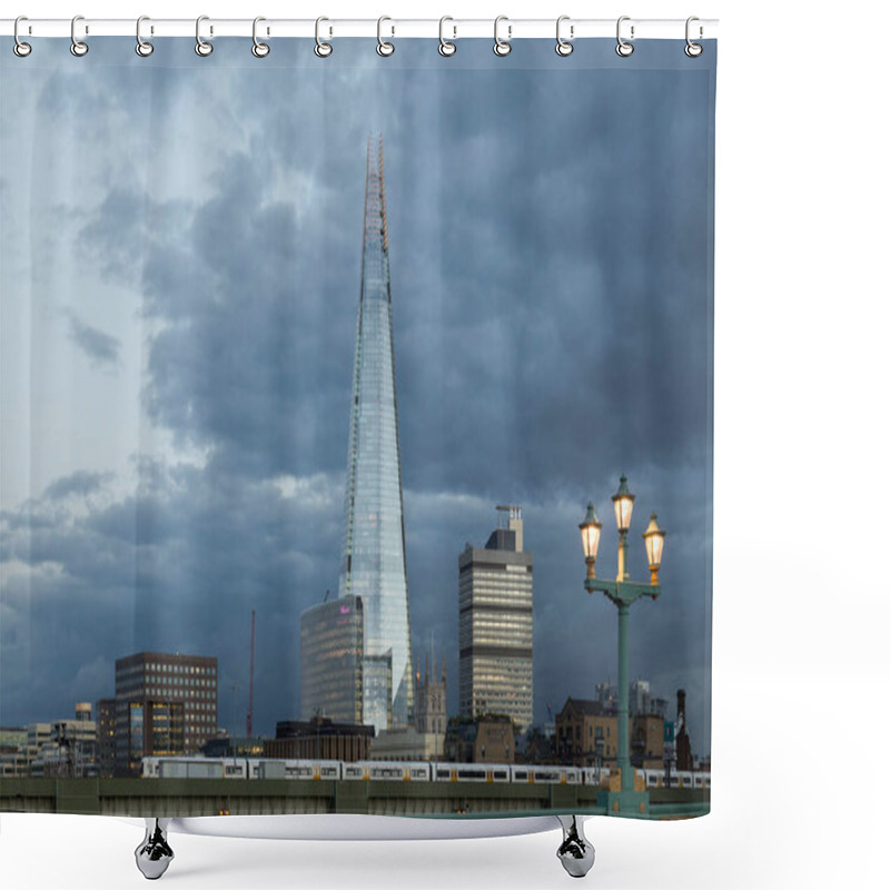 Personality  A View Of The Shard In London At Dusk, With Dramatic Clouds In The Sky, A Railway Bridge In The Foreground, And Glowing Streetlights Adding A Warm Touch To The Scene. Shower Curtains