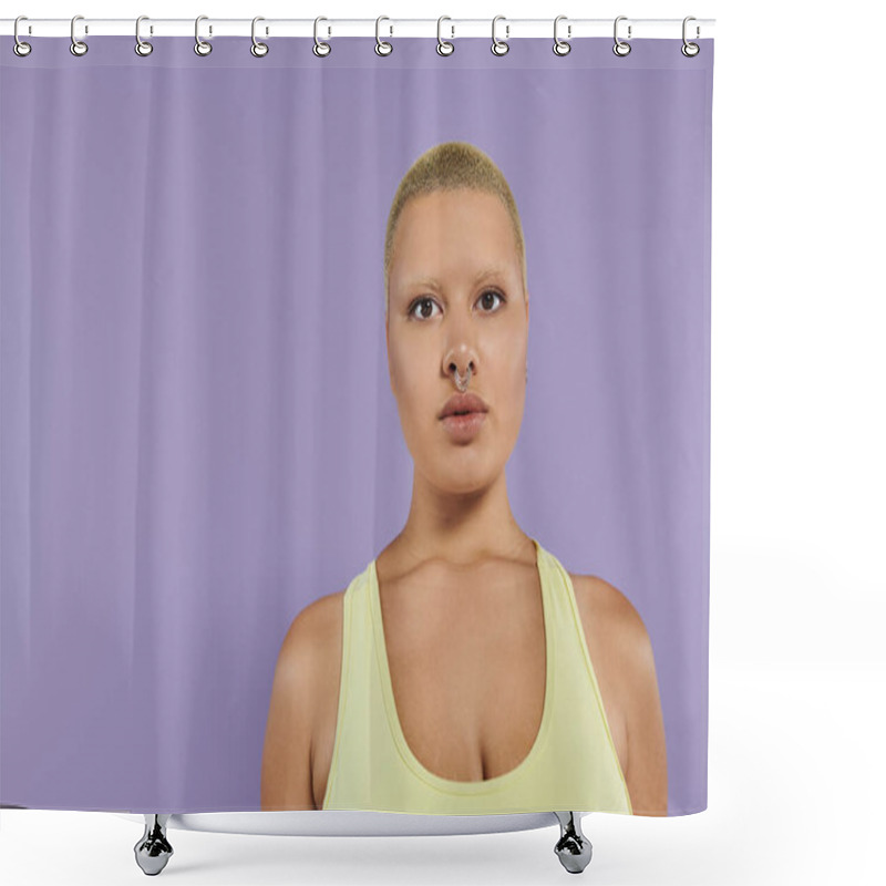 Personality  A Confident Young Woman With A Shaved Head Wears Bright Clothing, Standing Against A Purple Wall. Shower Curtains