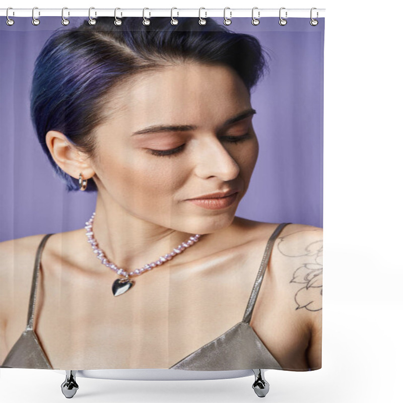 Personality  A Pretty Young Woman With Short Blue Hair Poses Elegantly In A Silver Party Dress Adorned With A Necklace. Shower Curtains