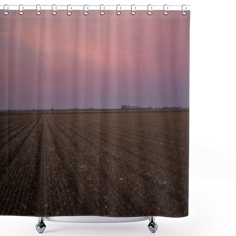 Personality  Early Morning Landscape Of Tilled Field. Shower Curtains