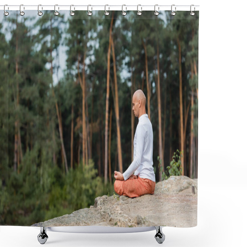 Personality  Side View Of Buddhist In White Sweatshirt Meditating In Lotus Pose In Forest Shower Curtains